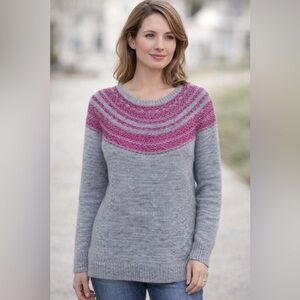 Ann Taylor Loft Fair Isle Yoke Sweater, Gray Pink Circular Detail, Size XS